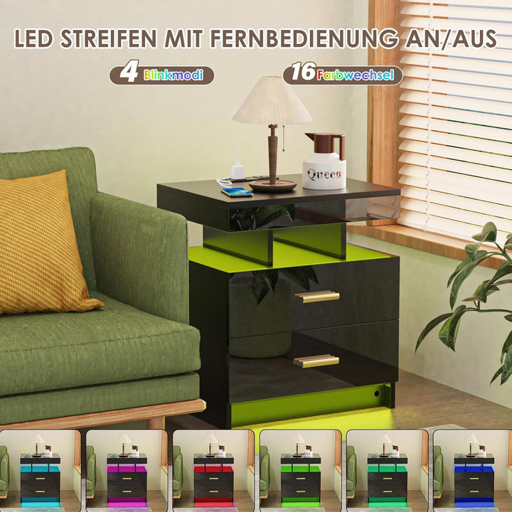 PIPIPOXER Nachttisch mit LED Licht,Beistelltisch aus Hochganlz mit Steckdose und USB Anschlüsse in S