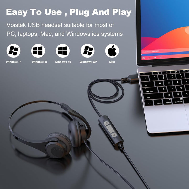 Voistek USB Headset mit Mikrofon für PC Laptop, Typ-C/USB-A, Wired Kopfhörer mit Geräuschunterdrücku