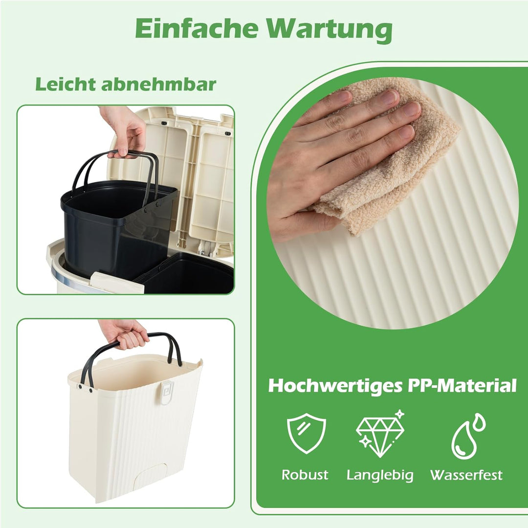 COSTWAY Mülleimer Küche, Mülltrennsystem 3 Fächer, 2 x 12L Inneneimer & 14L Treteimer, Abfalleimer m