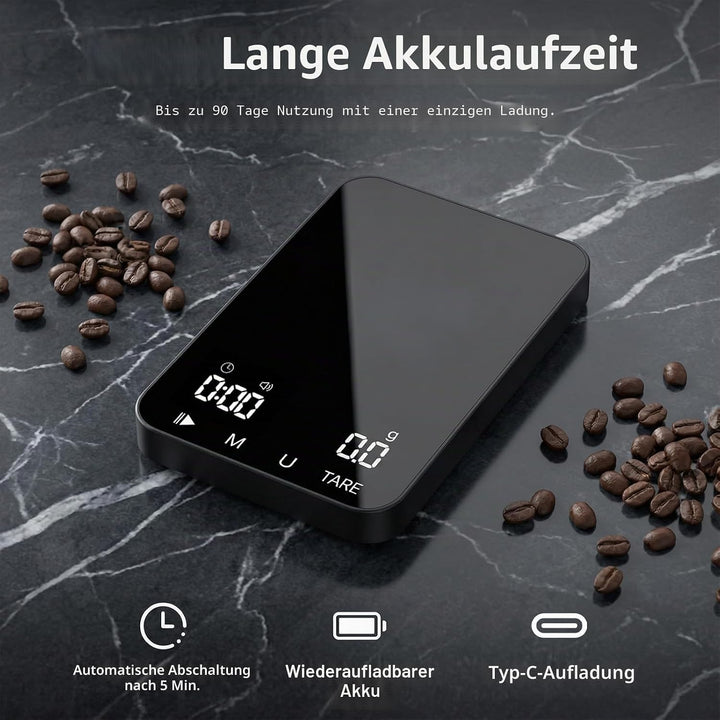 Diyife Rechteckige Kaffeewaage mit Timer, 2kg/0,1g Hochpräzise Digitale Waage - 6 Einheiten, 2 Timer
