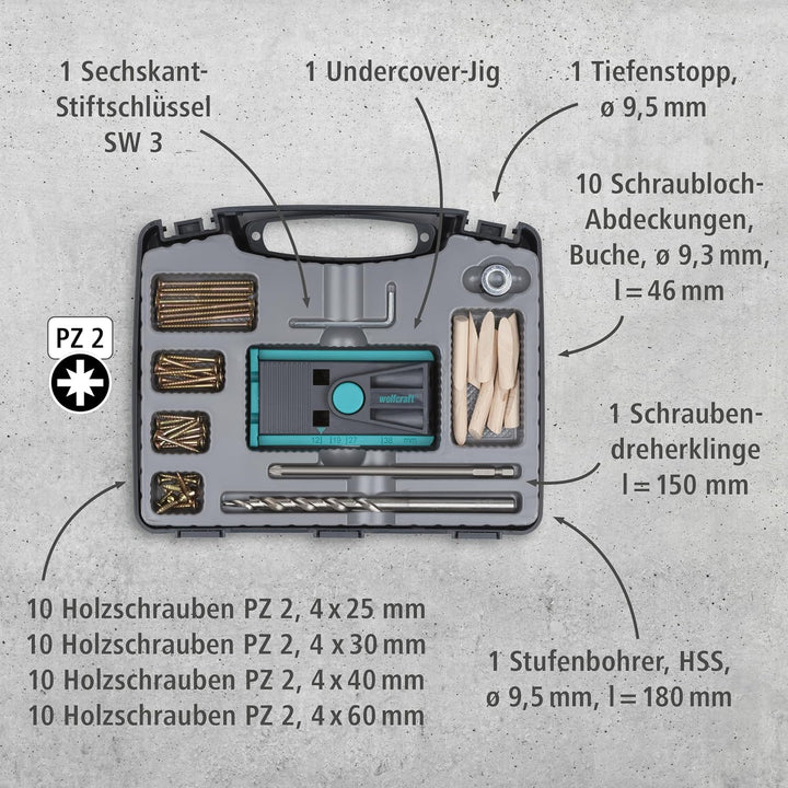 wolfcraft Undercover Jig-Set 4642000 | Zuverlässige Bohrhilfe mit Schrauben für Holzverbindungen und