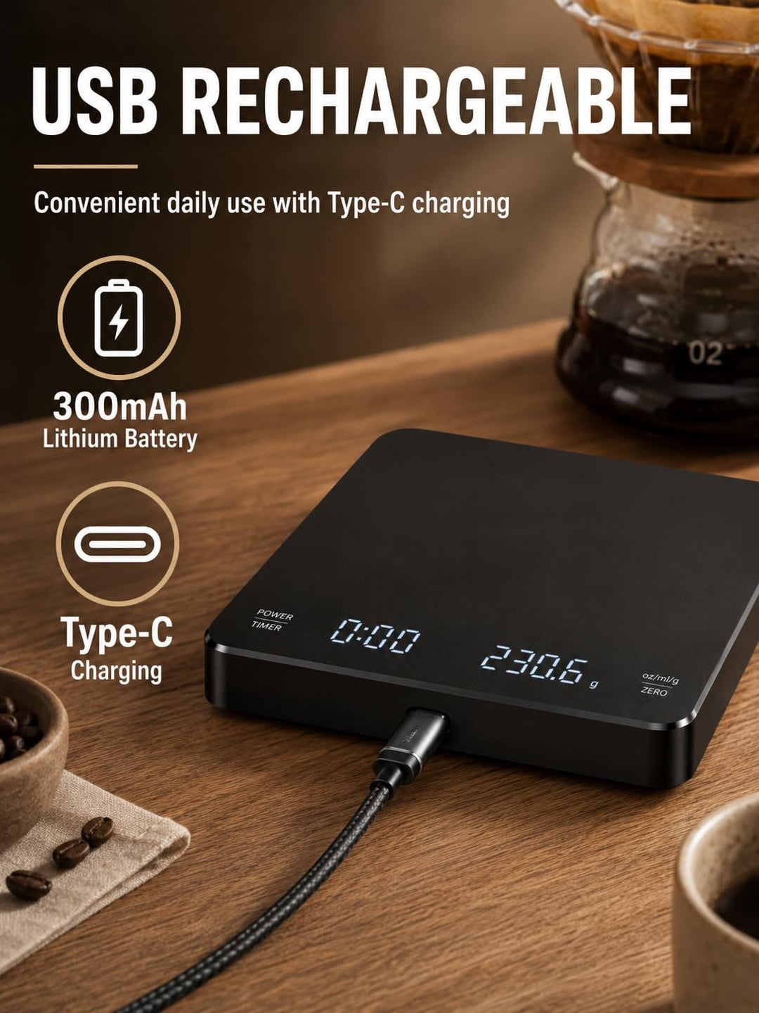 VOBOR Kaffeewaage mit Timer 3kg/0.1g, Automatischen und Manuellen Zeitmessungsmodus, Wiederaufladbar