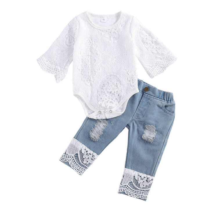 Geagodelia Babykleidung Set Baby Mädchen Kleidung Outfit Langarm Spitze Body Strampler + Jeans Hose
