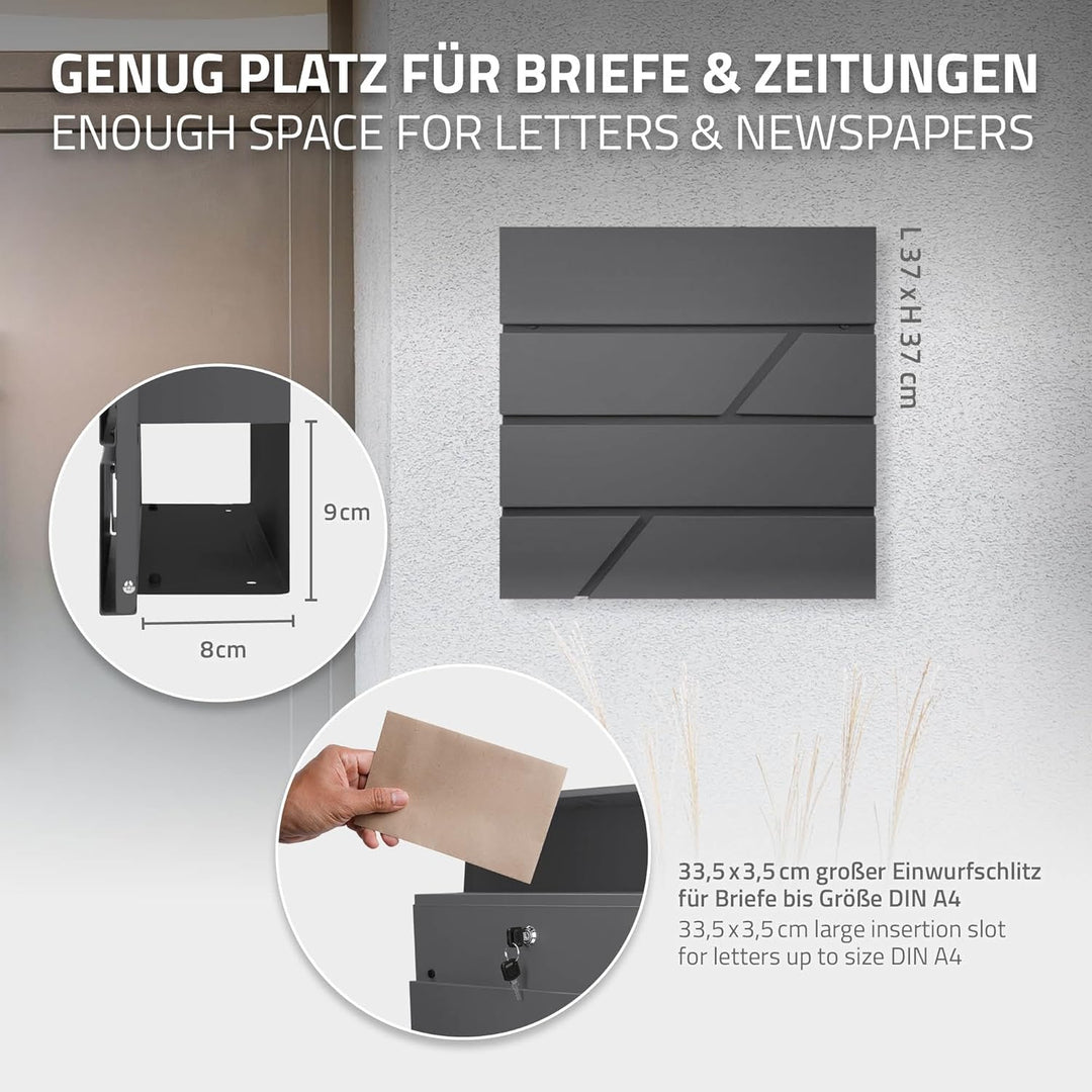 ECD Germany Briefkasten mit Zeitungsfach 37x11x37 cm aus Edelstahl pulverbeschichtet Anthrazit inkl.