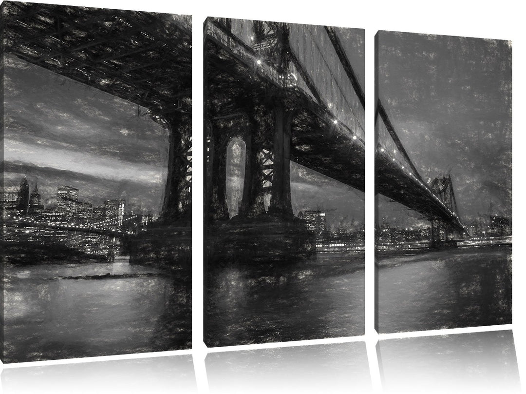 Pixxprint Manhatten Brücke New York Kunst als Leinwandbild | Grösse: 3 Teilig (120x80) | Wandbild| K