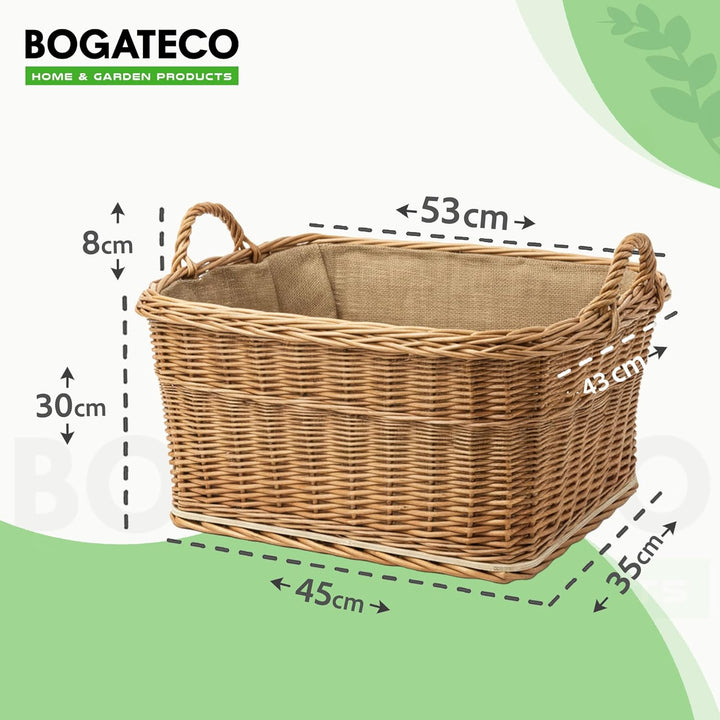 BOGATECO Kaminholzkorb Weide Rechteckig 53x43 cm, Stabiler Brennholzkorb mit Sperrholzboden und Jute