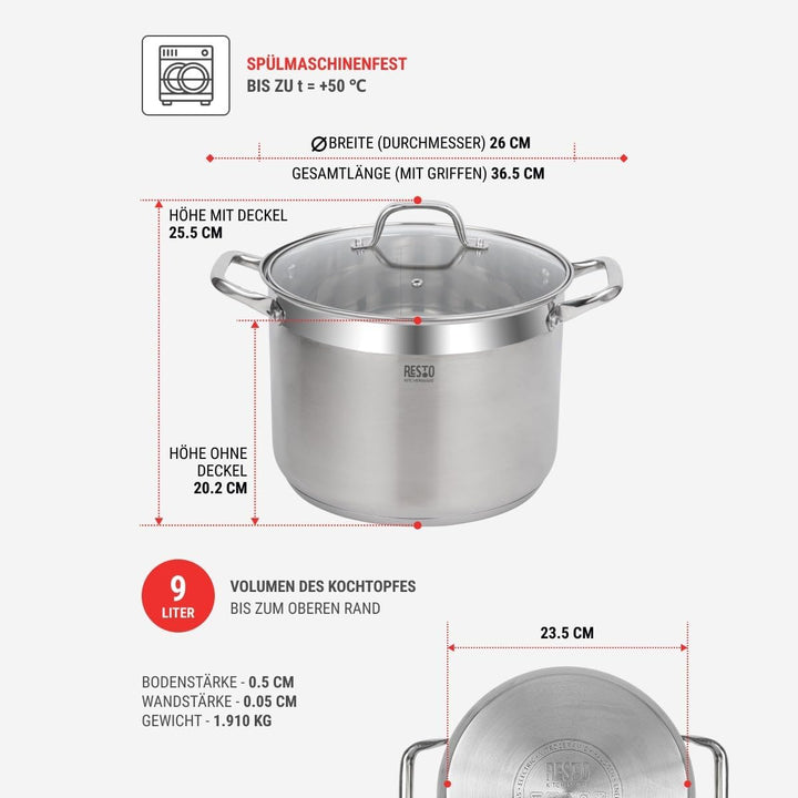 RESTO Edelstahltopf 26cm - Suppentopf, Universaltopf 9 L - Schmortopf mit Deckel - Topf für alle Her