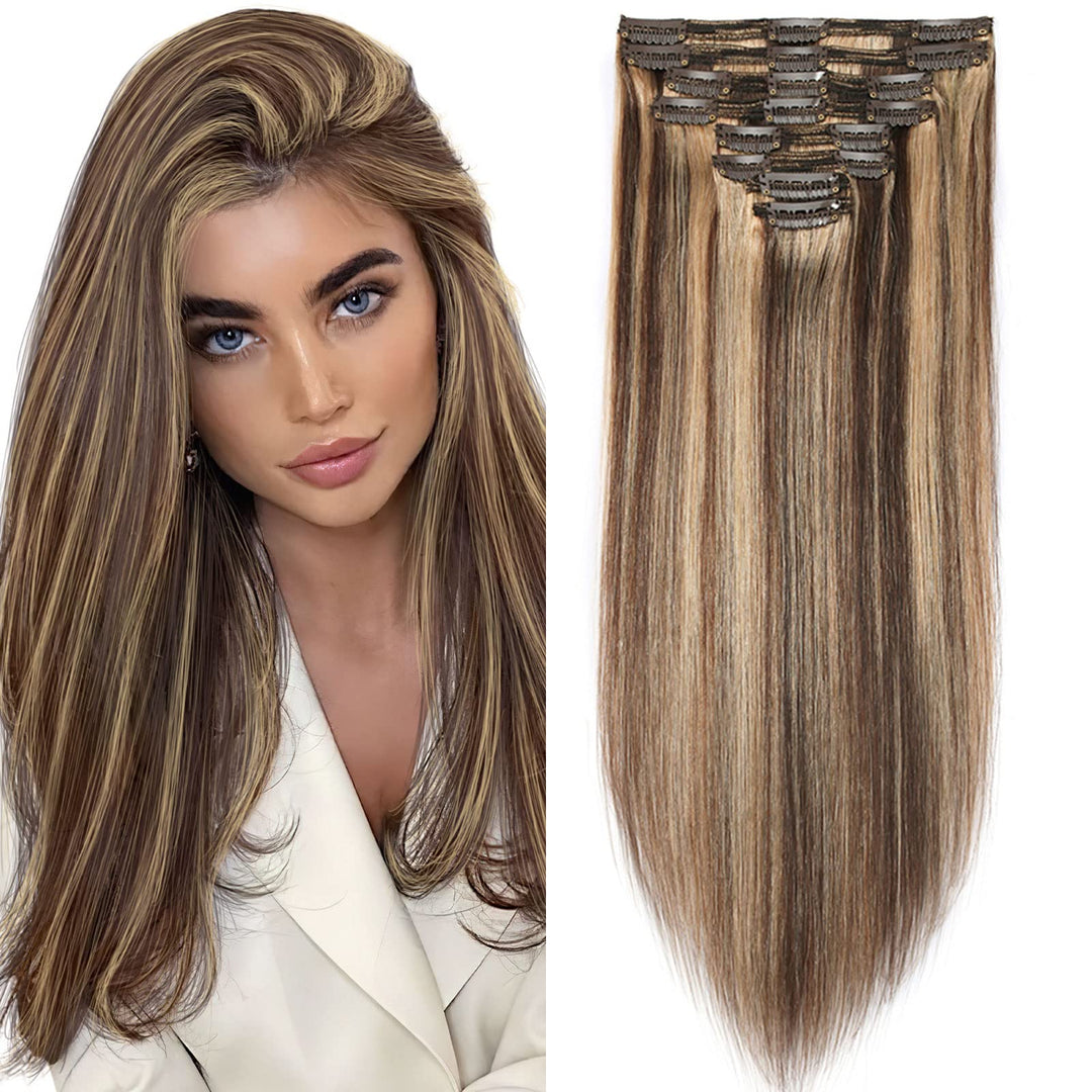 SEGO Echthaar Clip in Extensions 8 Pcs Doppelt Tressen Haarverlängerung 100% Remy Human Haar für Kom