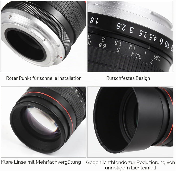 Andoer 85 mm Fixfokus Kameraobjektiv F1.8 grosse Blende manueller Fokus mit EF-Halterung 7 Gruppen 1