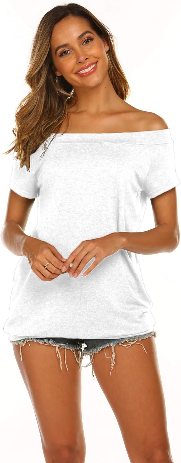 Lalala Longshirt Damen Oberteile Elegant Schulterfrei Tshirt Kurzarm/Langarm Bluse Tunika Shirts S A