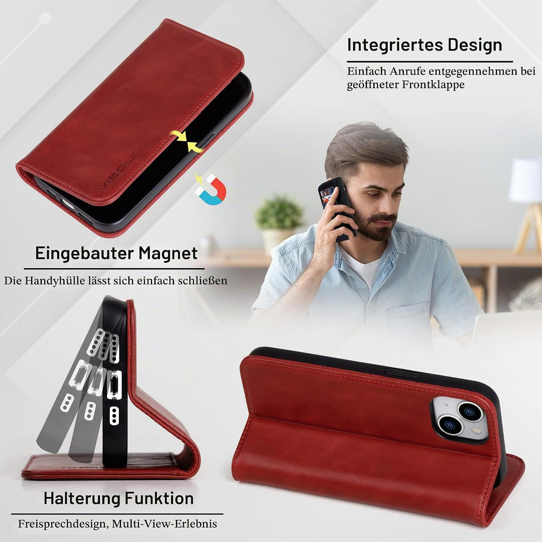 VISOUL Hülle für iPhone 15, Schutzhülle [Echt Leder] [Schützt vor Stoss] [Kartenfach] [Magnetverschl