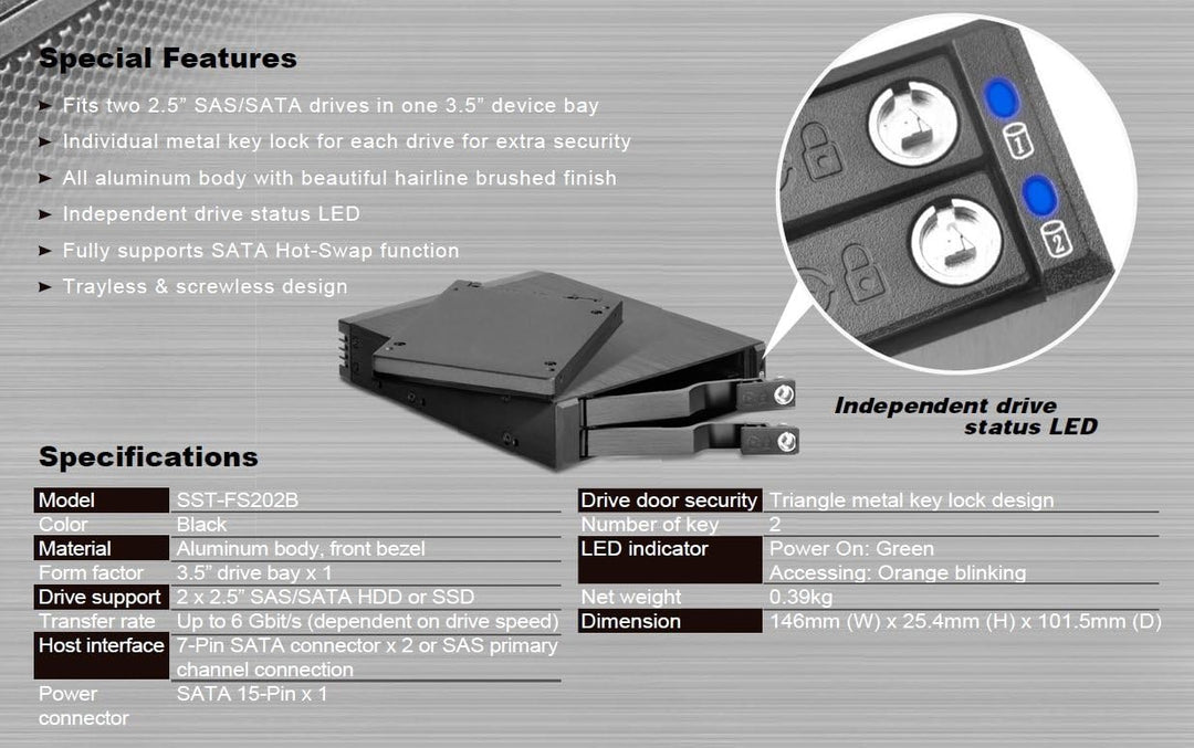 SilverStone 71093 SST-FS202B - trägerloser 3,5"Aluminium Hot Swap-Festplatten-Wechselrahmen für 2 x