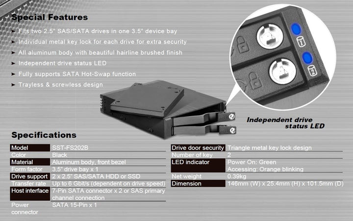 SilverStone 71093 SST-FS202B - trägerloser 3,5"Aluminium Hot Swap-Festplatten-Wechselrahmen für 2 x