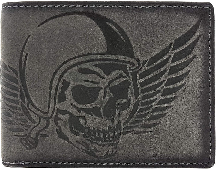 echt Leder Biker Geldbörse quer Hunterleder Portemonnaie Totenkopf Schädel Wing of Hell mit 50cm Ket
