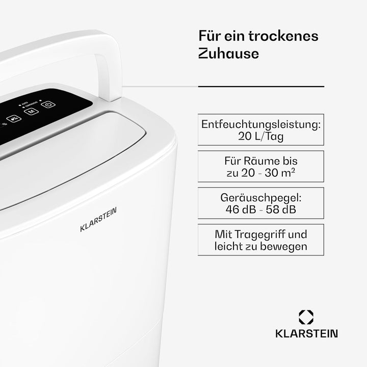 Klarstein DryFy 20L Luftentfeuchter - 400W, 20L/Tag, 5L Tank, 46dB Leise, Auto-Swing, Timer, Wäschet