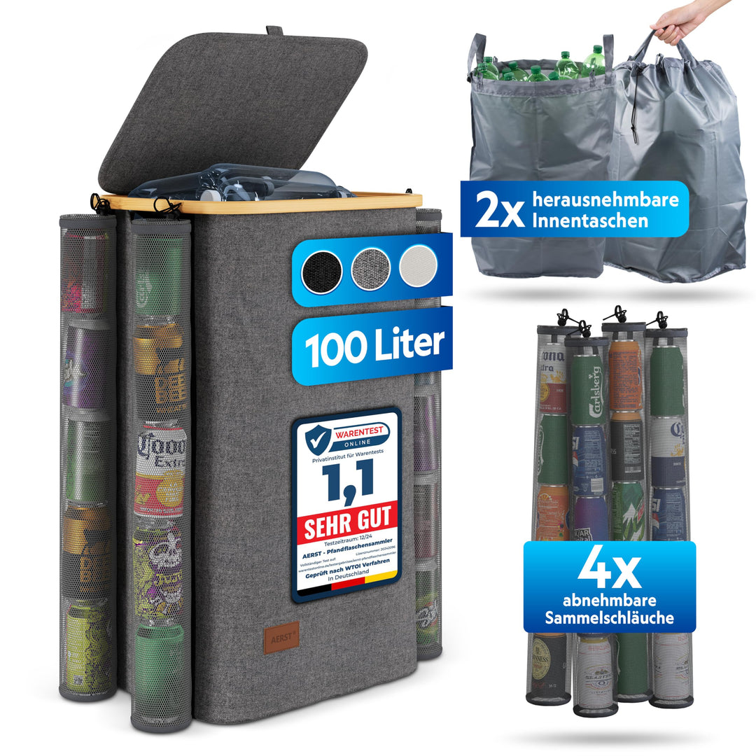 Pfandflaschen Sammelbehälter mit Deckel und Kordelzug - 100L, 1 Fach, 2x Tragetasche für PET Flasche
