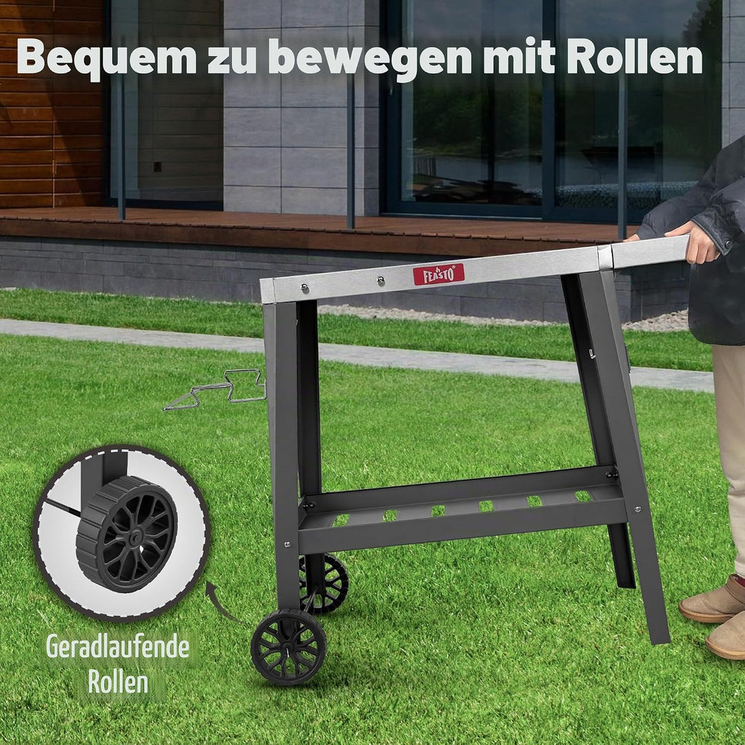 Feasto Grilltischwagen für den Aussenbereich, Pizzaofentisch mit Rollen, Edelstahl-Arbeitsplattenwag