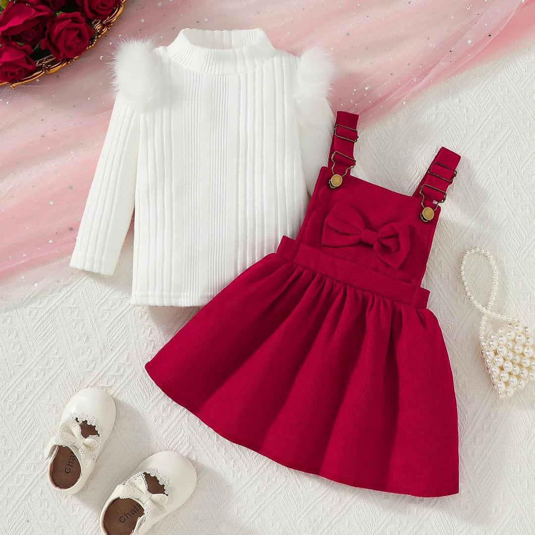 Kleinkind Baby Mädchen Kleidung Langarm Strick Rippenoberteile Schleife Cord Hosenträgerrock Kleid O