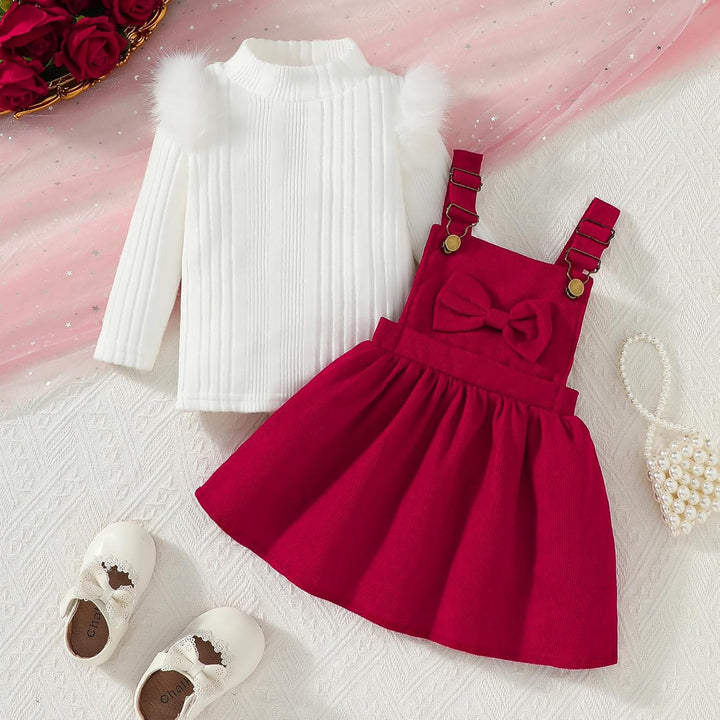 Kleinkind Baby Mädchen Kleidung Langarm Strick Rippenoberteile Schleife Cord Hosenträgerrock Kleid O
