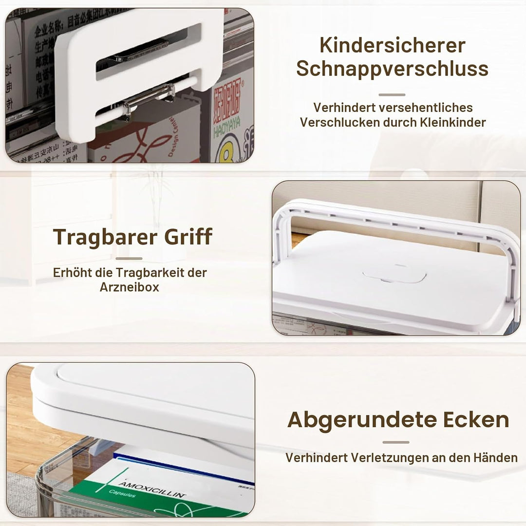 Medikamenten Aufbewahrung, 4 Stöckige Kunststoff Medikamenten Organizer mit Griff, Tragbar und Abneh