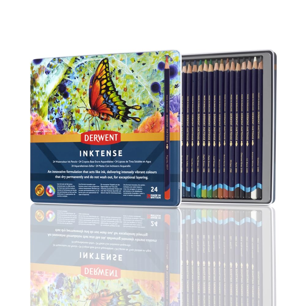 Derwent Inktense Permanent wasserlösliche Aquarellstifte, 24er Set in Metallbox, 4 mm Premium-Kernst