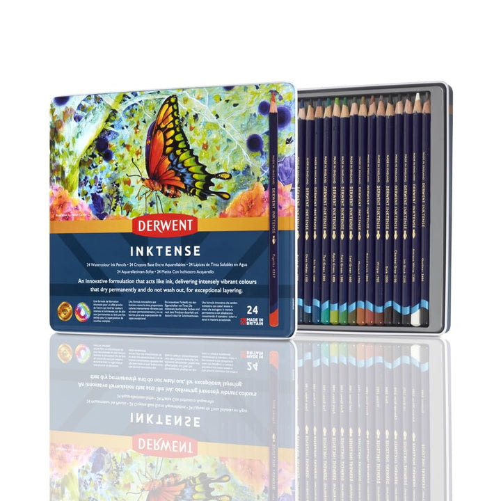 Derwent Inktense Permanent wasserlösliche Aquarellstifte, 24er Set in Metallbox, 4 mm Premium-Kernst