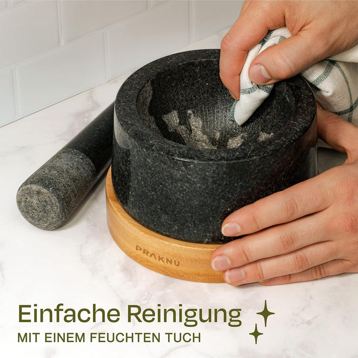 Mörser mit Stössel aus Granit - Für ein feines Mahlergebnis - Mit Untersetzer aus nachhaltigem FSC H