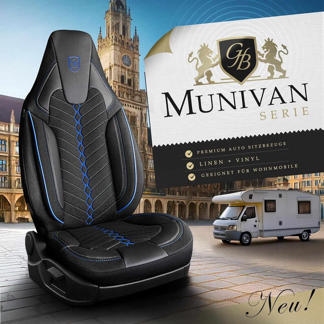 Autositzbezüge Universal für Wohnmobil & Caravan - Vordersitze Auto Sitzbezug aus Leinen, Schwarz-Bl