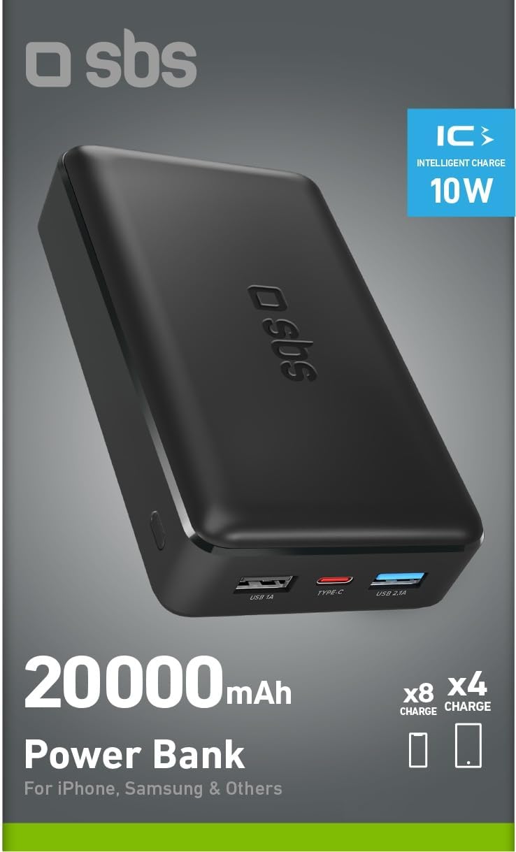 SBS Power Bank Ladegerät 20000 mAh, 1 x 10W USB-A Port und 1 x 5W, 1 x 10W USB-C, schlank, leicht, l