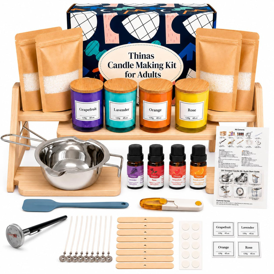 Thinas Kerzen Selber Machen Set – Komplettes Candle Making Kit mit Sojawachs, 4 Gläsern mit Bambusde