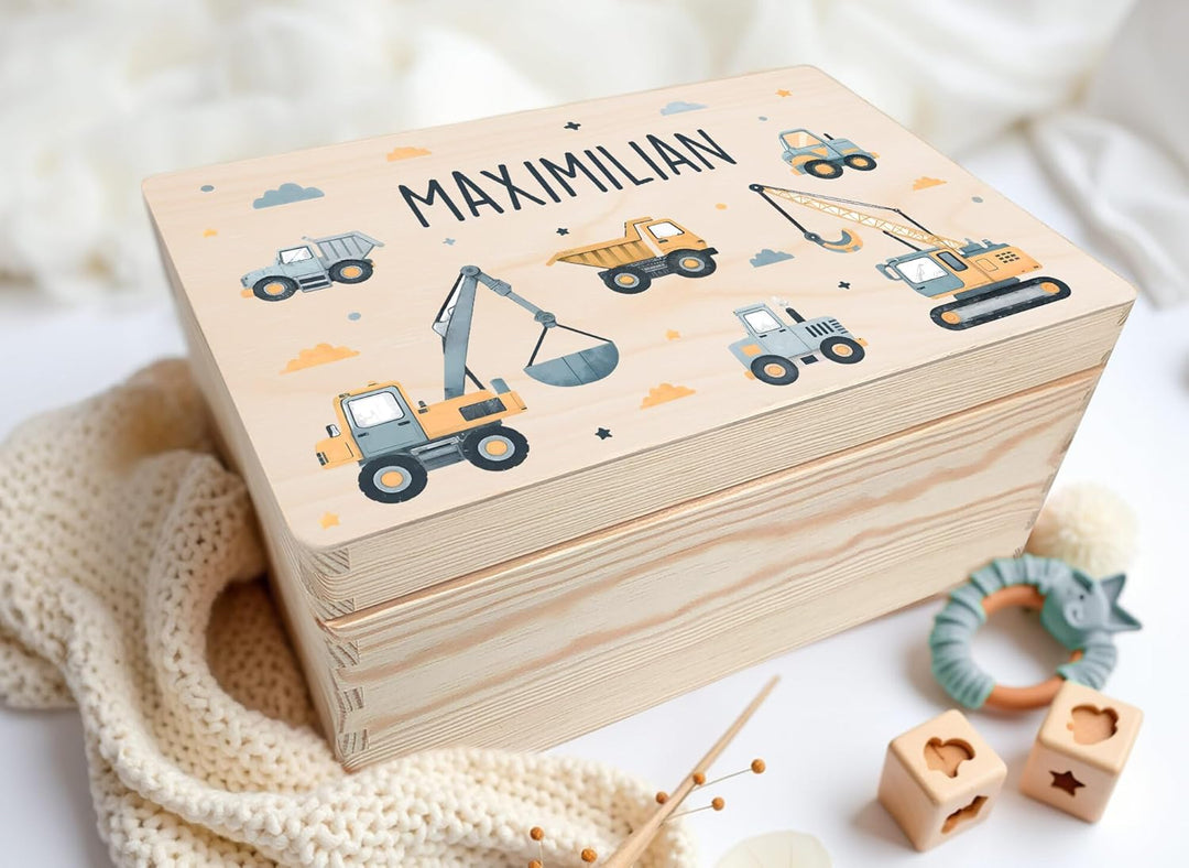Little Deco Personalisierte Baby Erinnerungskiste mit Bagger | L - 40 x 30 x 22 cm - Design 5 | Holz