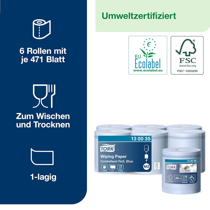 Tork Papierwischtücher mit Innenabrollung Blau M2, Saugfähig, 6 × 471 Blatt, 130035 165 m*19.5 cm bl