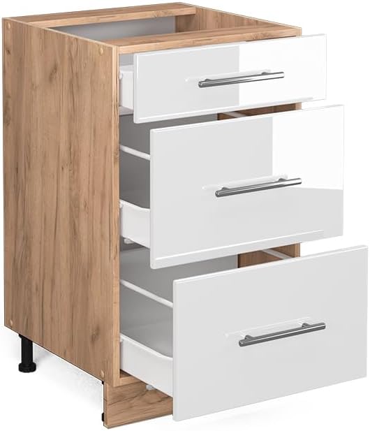 Vicco Küchenunterschrank Fame-Line, Weiss Hochglanz/Goldkraft Eiche, 50 cm ohne Arbeitsplatte Weiss