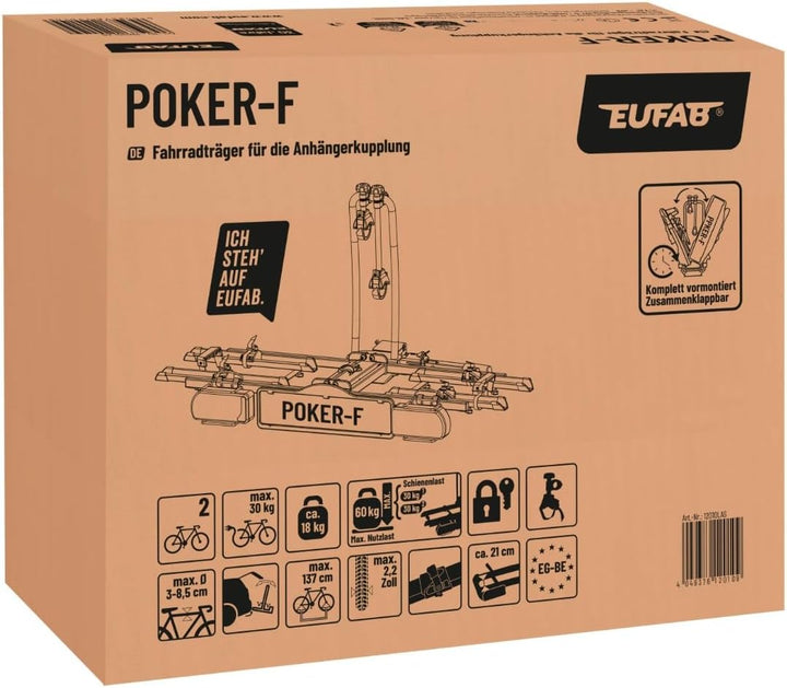 EUFAB 12010LAS Fahrradträger POKER-F, E-Bike geeignet, komplett vormontiert, Diebstahlschutz, für 2