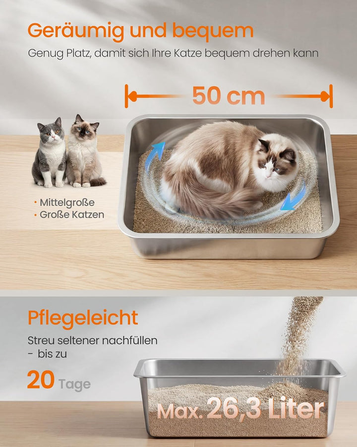 Feandrea Katzenklo Edelstahl, Katzentoilette offen, mit Schaufel, antihaftbeschichtet, geruchsfrei,