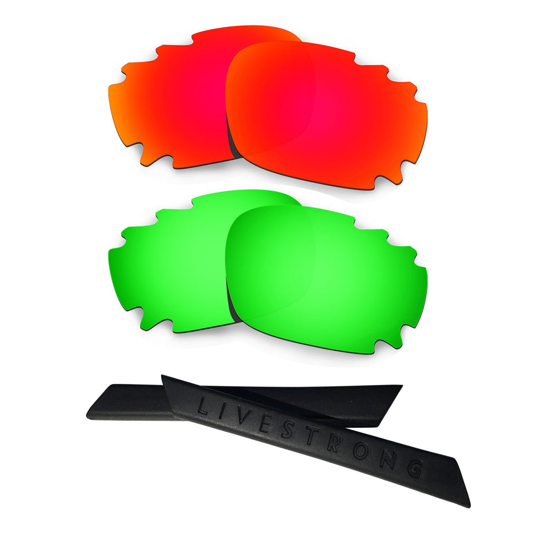 HKUCO Red/Green Polarized Replacement Lenses plus Black Earsocks Rubber Kit For Oakley Racing Jacket