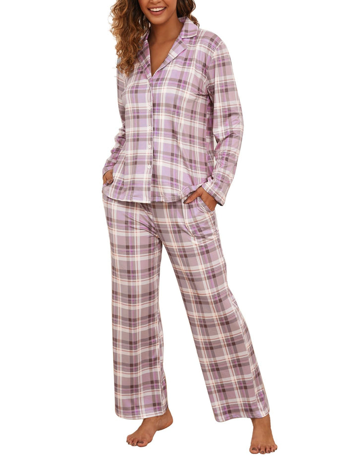 Famulily Frauen Langarm Pyjama Set Plaid Loungewear Sets Button Up Top und Wide Leg Hosen S-XXL L Ro