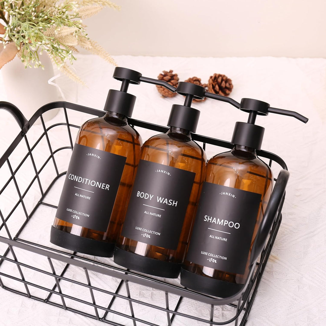 Janxin Shampoo- und Spülungsspender, Set mit 3 nachfüllbaren 600 ml Shampoo-Flaschen mit rutschfeste