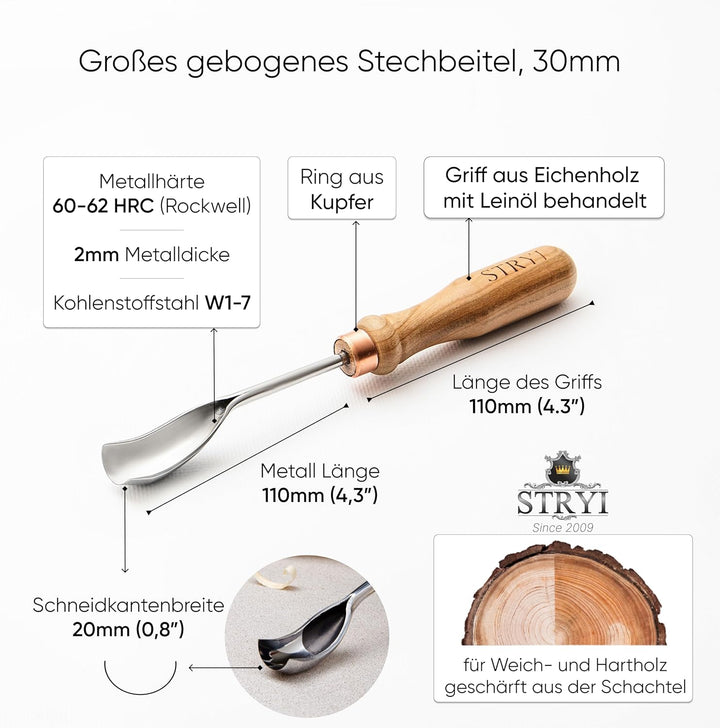 STRYI Profi Schnitzwerkzeug: Gebogenes Hohleisen 20mm (Bent Gouge), Hochwertiger Carbonstahl, Handge