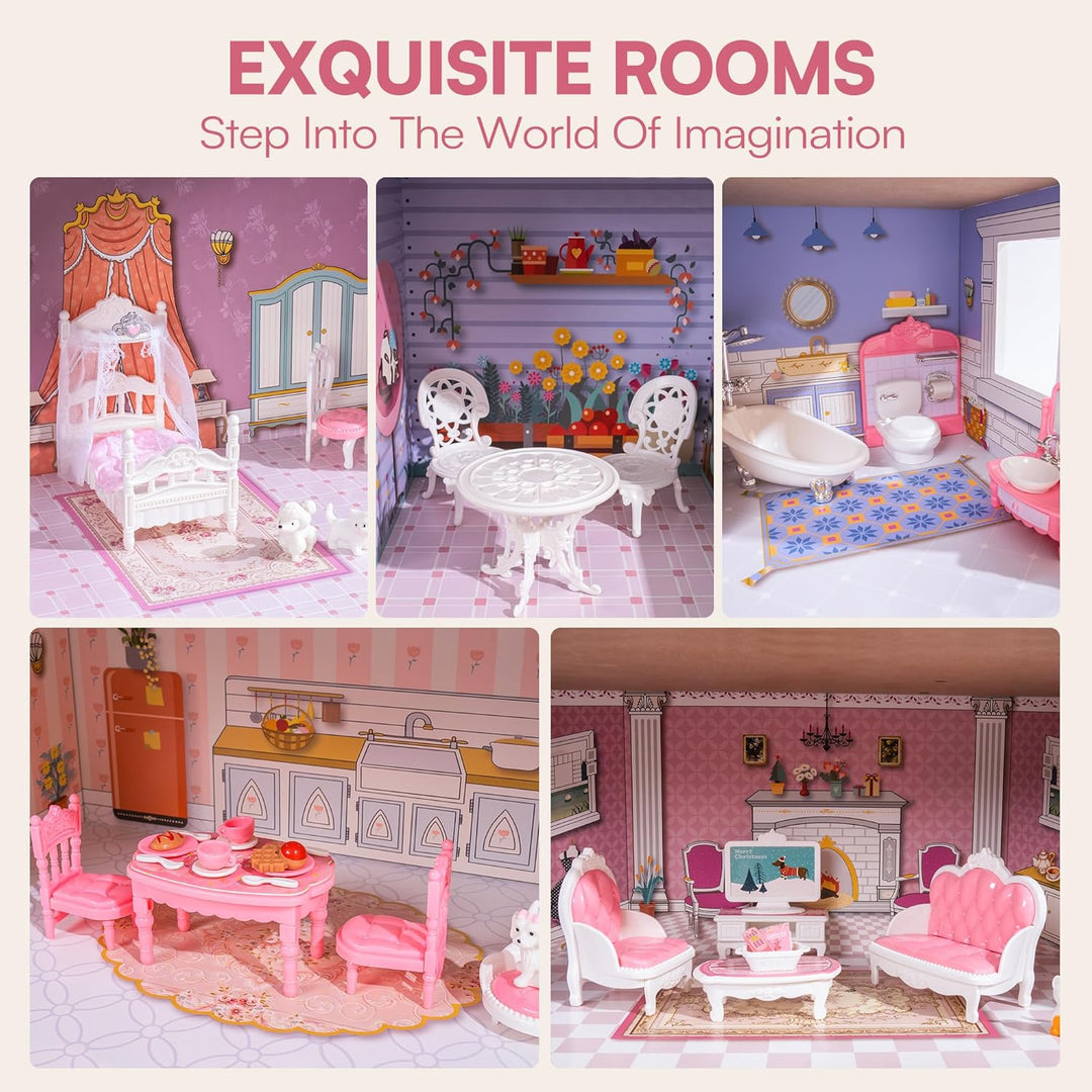 ROBUD hölzernes Puppenhaus Spielset, 3 Geschichten, 5 Zimmer, 24 PCS Möbel, vorgeben Spiel Spielzeug