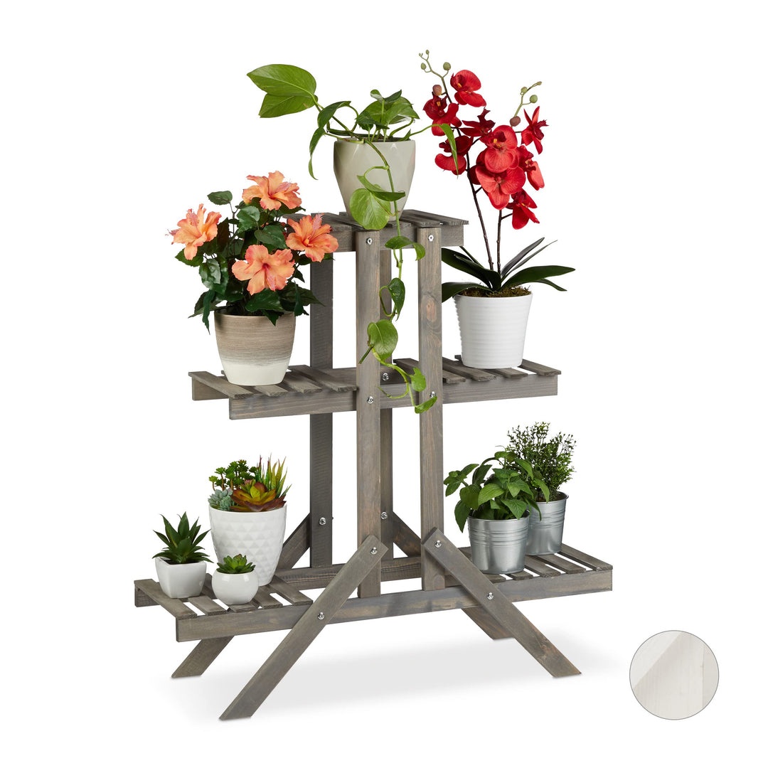 Relaxdays Blumentreppe aus Holz, 3 Stufen mit 5 Ablagen, Shabby Chic, innen, HBT: 83 x 83 x 28 cm, B