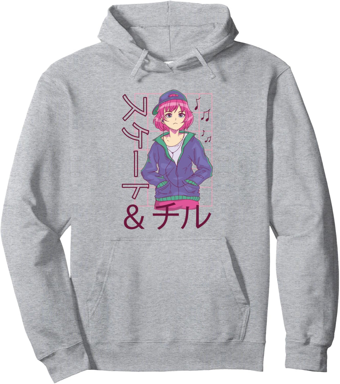 Anime Skater Girl mit japanischem Zitat "Skate and Chill" Pullover Hoodie