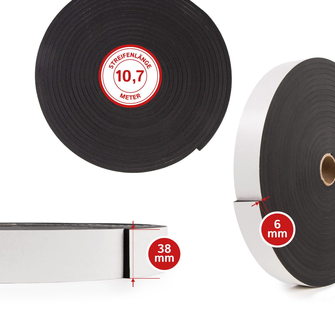 Dichtungsband selbstklebend, 38mm breit, 6mm stark, 10,7m lang, Dichtband aus Schaumstoff, Moosgummi