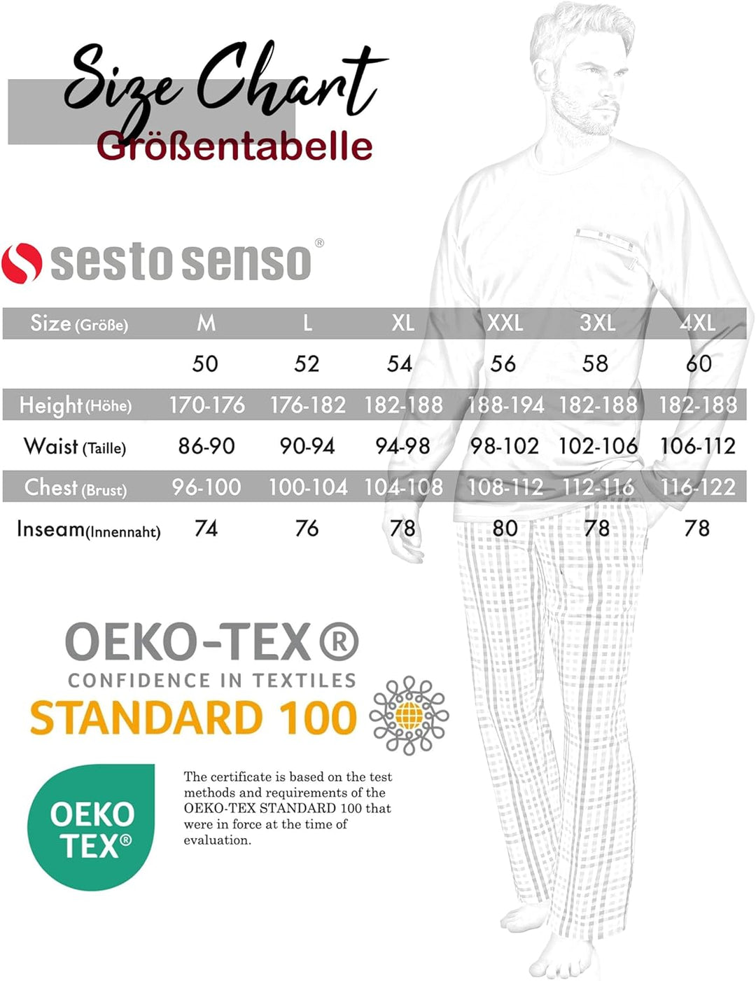 sesto senso Herren Schlafanzug Lang Baumwolle Pyjama Langarm Shirt mit Tasche Pyjamahose Zweiteilig