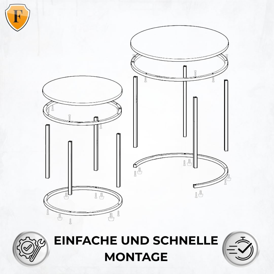 FORTENA 2er Set Couchtische, Schwarze oder goldene Metallbeine, Industrial-Stil, Raund (Rustikal – S