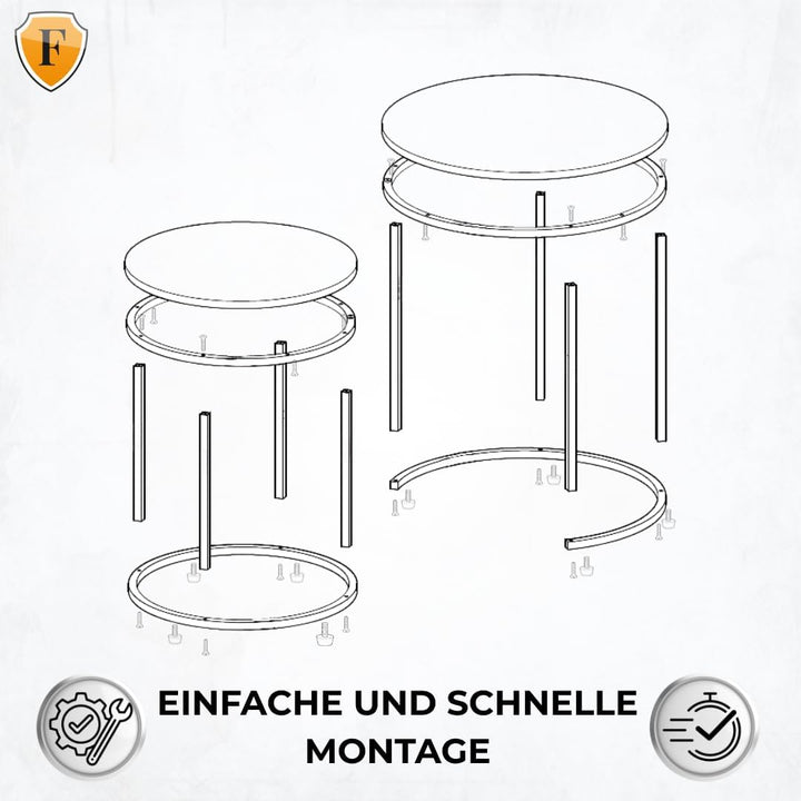 FORTENA 2er Set Couchtische, Schwarze oder goldene Metallbeine, Industrial-Stil, Raund (Rustikal – S