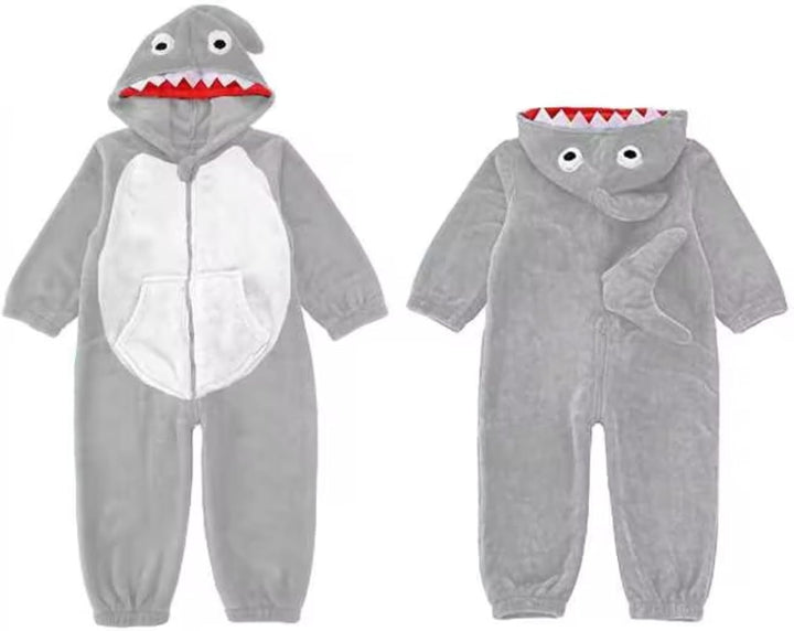 LOLANTA Kinder Hai Kostüm,Jungen Tier Flanell Overall mit Kapuze,6-7 Jahre,Grau,Etikettengrösse L 6-