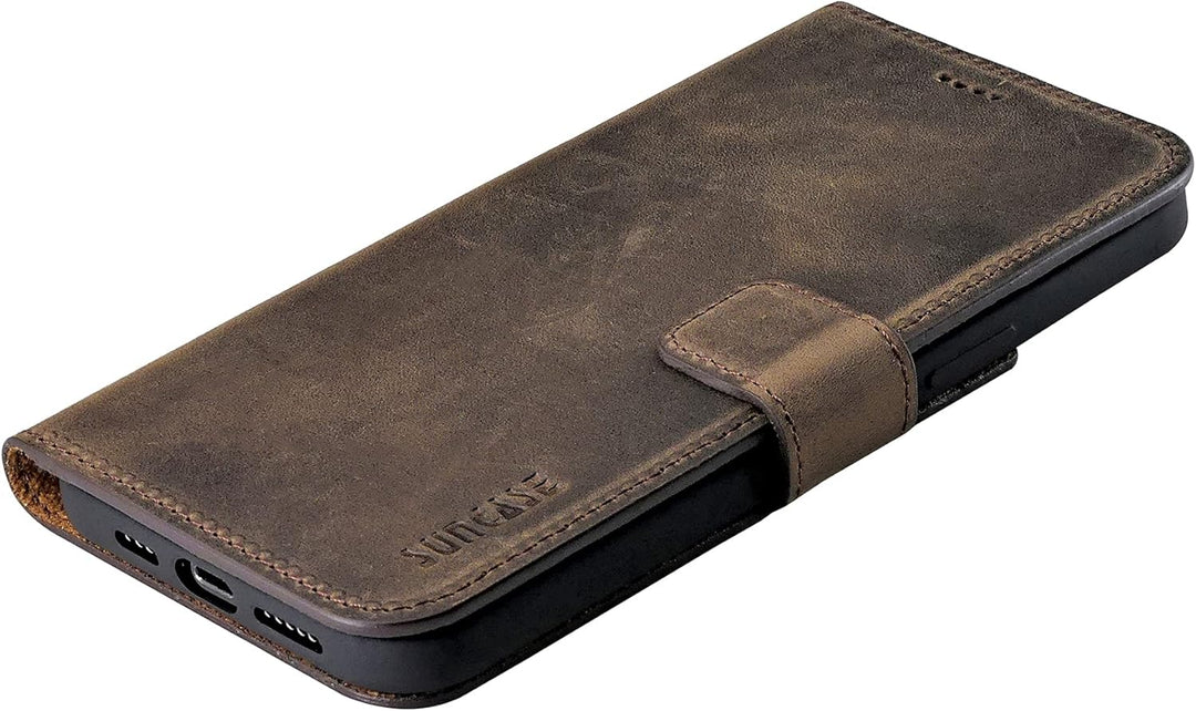 Suncase Book-Style Hülle kompatibel mit iPhone 12 (6.1") Leder Tasche (Slim-Fit) Lederhülle Handytas