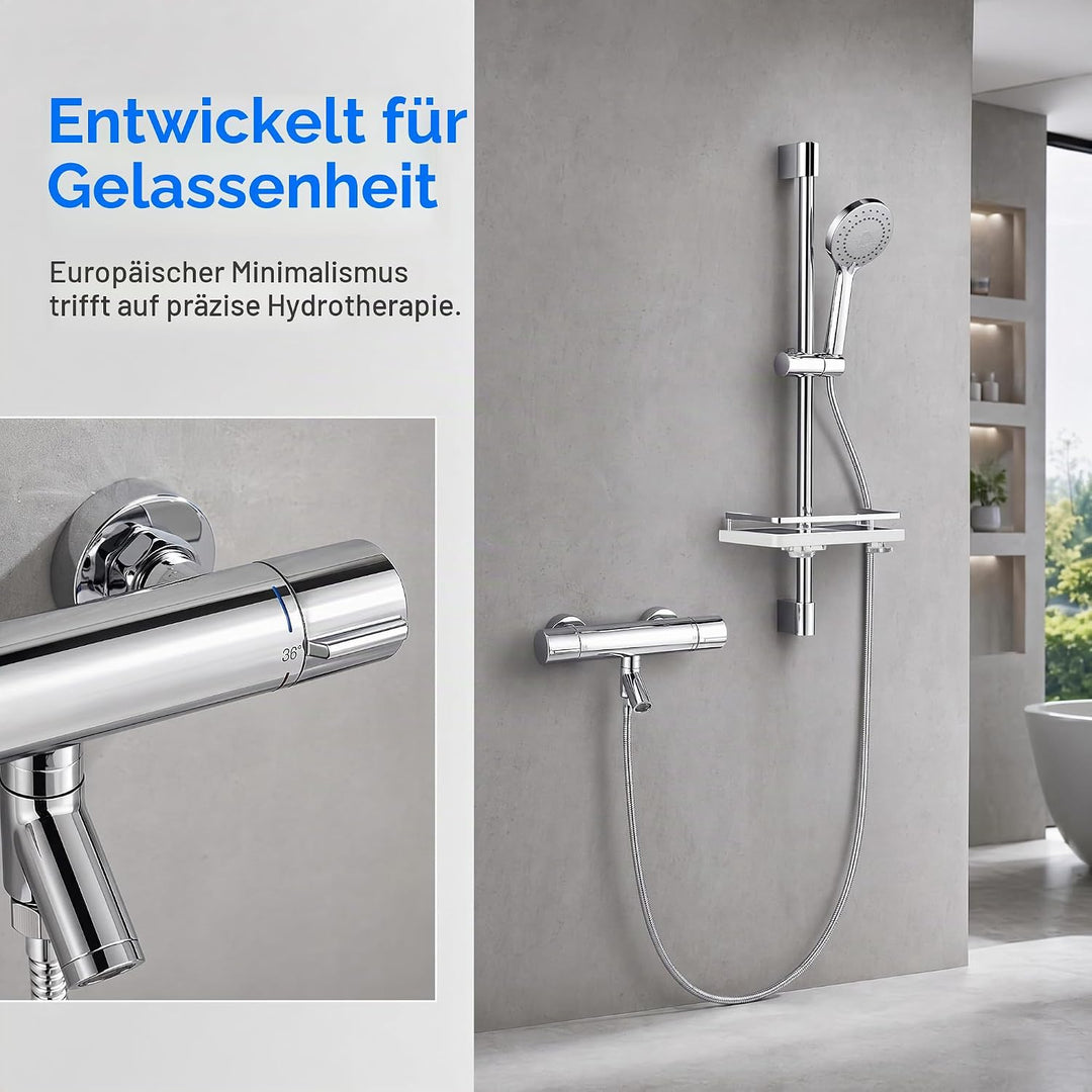 AFUDER Duschthermostat Mischbatterie 38℃ Schwarz Badewannen-Brausethermostat G 1/2" Zwei-Auslauf-Bra