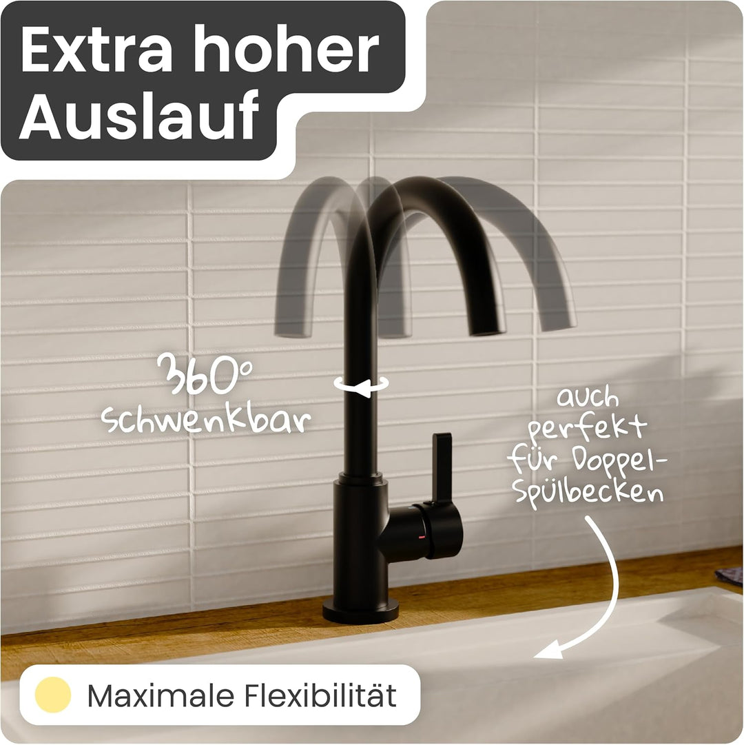 instmaier K3 Küchenarmatur | Wasserhahn Küche Schwarz matt | Spültischarmatur mit hohem Auslauf | Ar